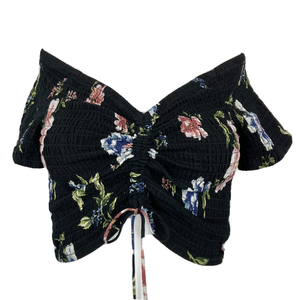 Kendall & Kylie Shirt Womens Sz S Black Floral Smocked Cinched Off Shoulder Crop